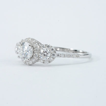 Moissanite Three-Stone Halo Pavé Ring – 2.12ct Total DEF, Sterling Silver
