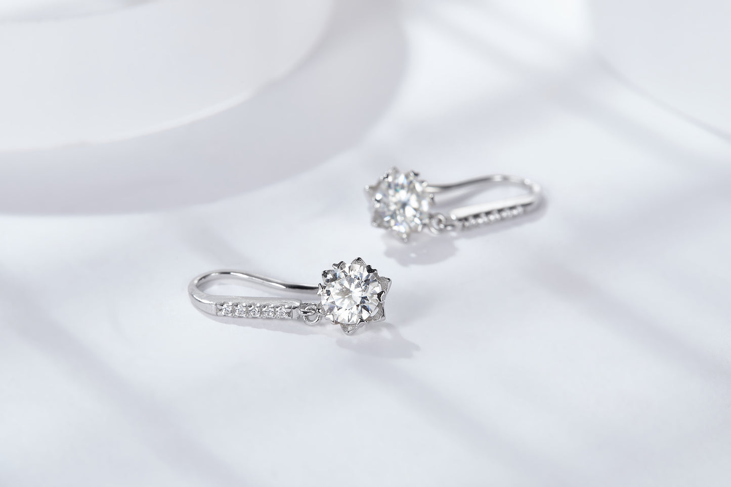 Moissanite Heart-Prong Drop Hook Earrings – 1.0ct Total (5.0mm), Sterling Silver