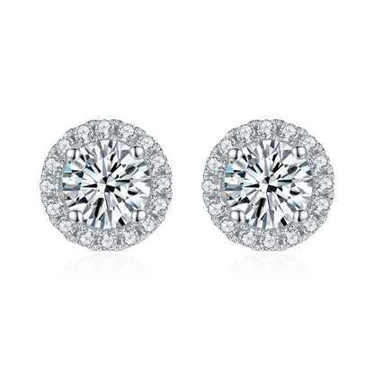 Moissanite Halo Stud Earrings – 2.0ct DEF, 6.5mm Centre, Sterling Silver