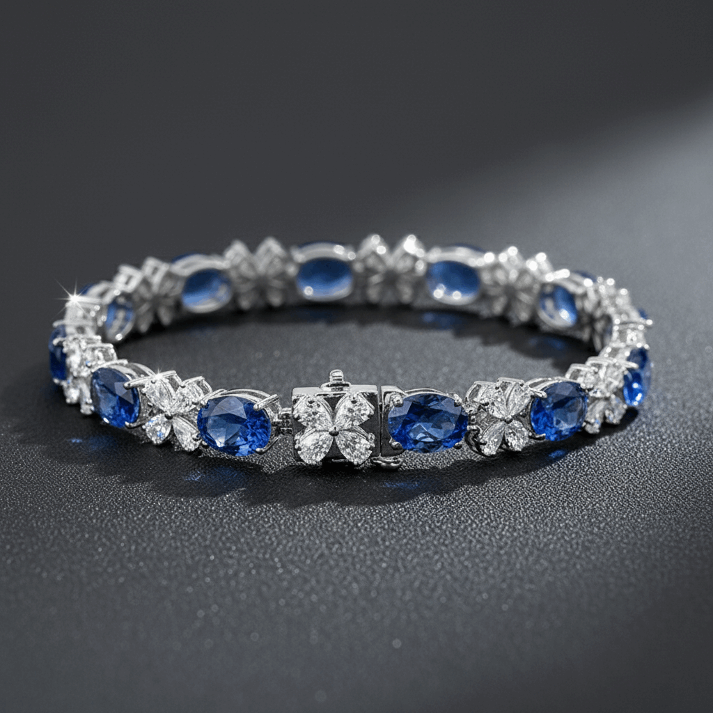 Royal blue sapphire tennis bracelet – sapphire & moissanite bracelet sterling silver UK – Mara & Co UK