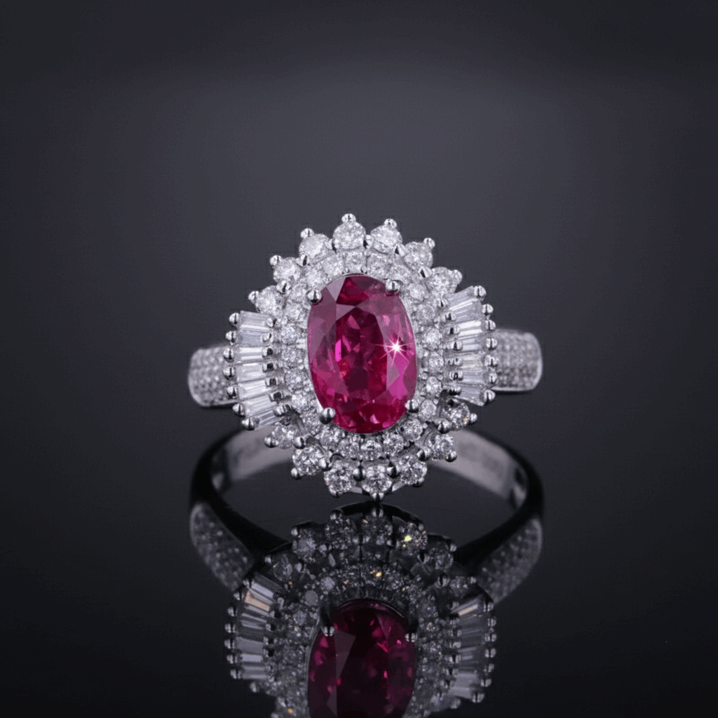 Vivid Ruby & Diamond Halo Ring – 2.08ct Ruby, 18K White Gold -  Mara & Co UK