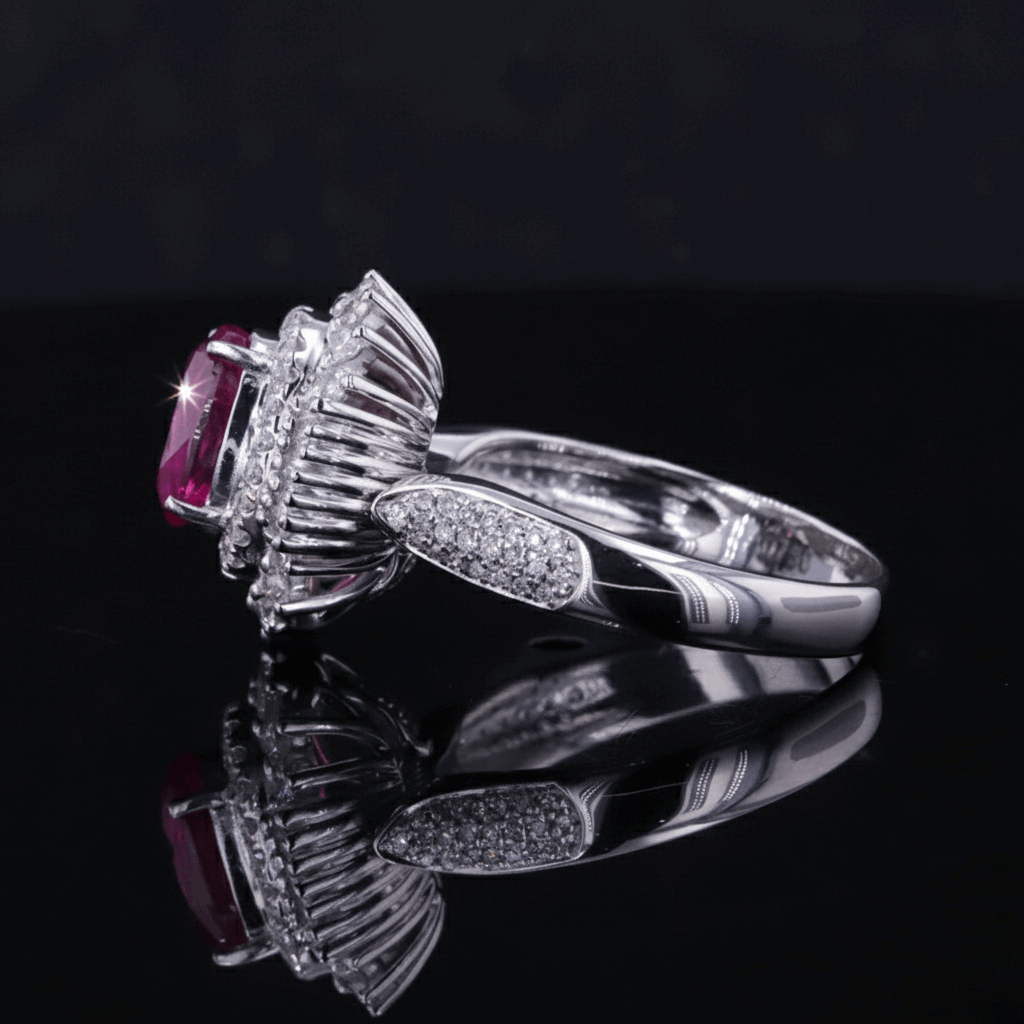 Vivid Ruby & Diamond Halo Ring – 2.08ct Ruby, 18K White Gold -  Mara & Co UK