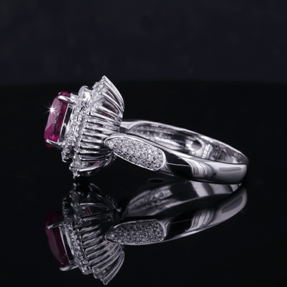 Vivid Ruby & Diamond Halo Ring – 2.08ct Ruby, 18K White Gold -  Mara & Co UK