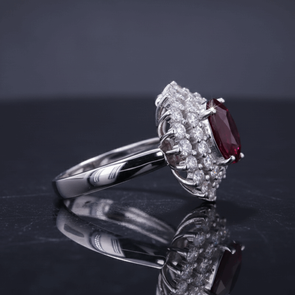 Pigeon Blood Ruby & Diamond Halo Ring – 3.57ct Ruby, 18K White Gold -  Mara & Co UK