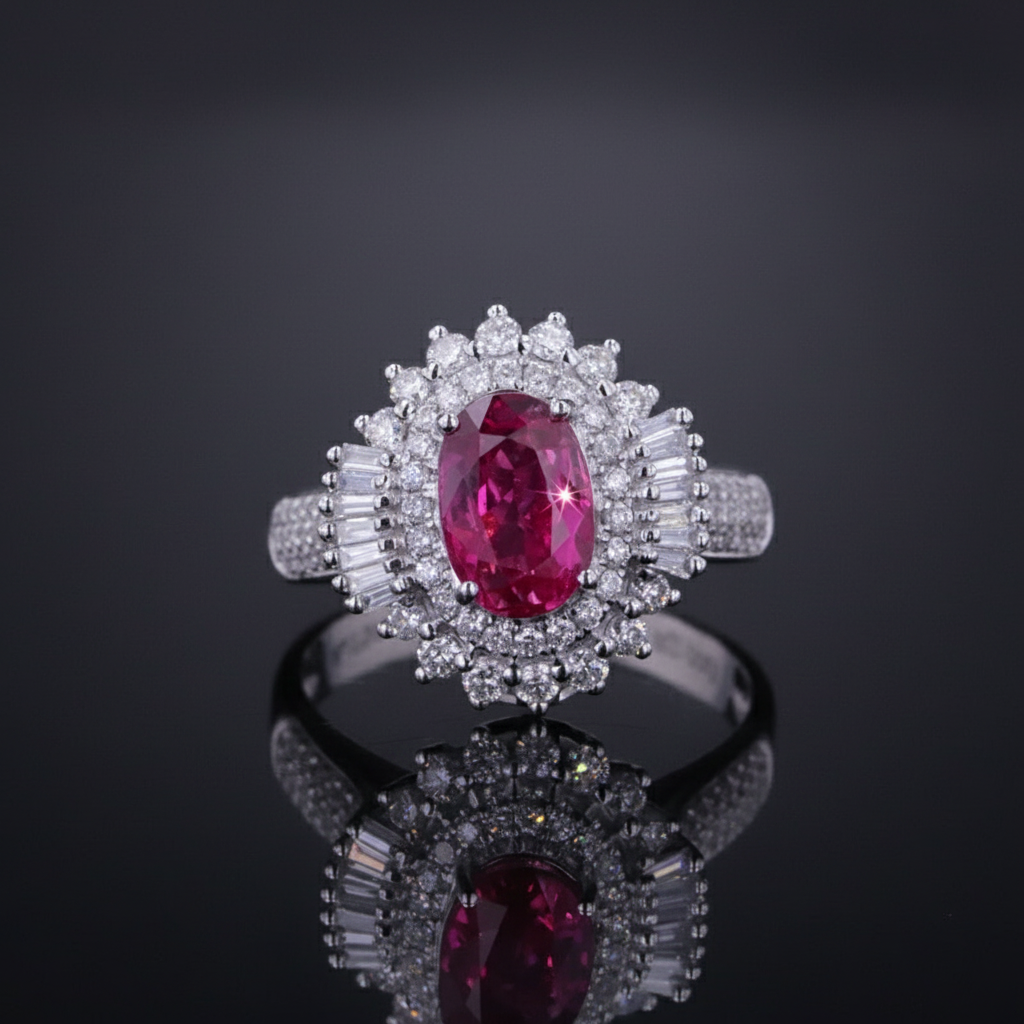Vivid Ruby & Diamond Halo Ring – 2.08ct Ruby, 18K White Gold -  Mara & Co UK