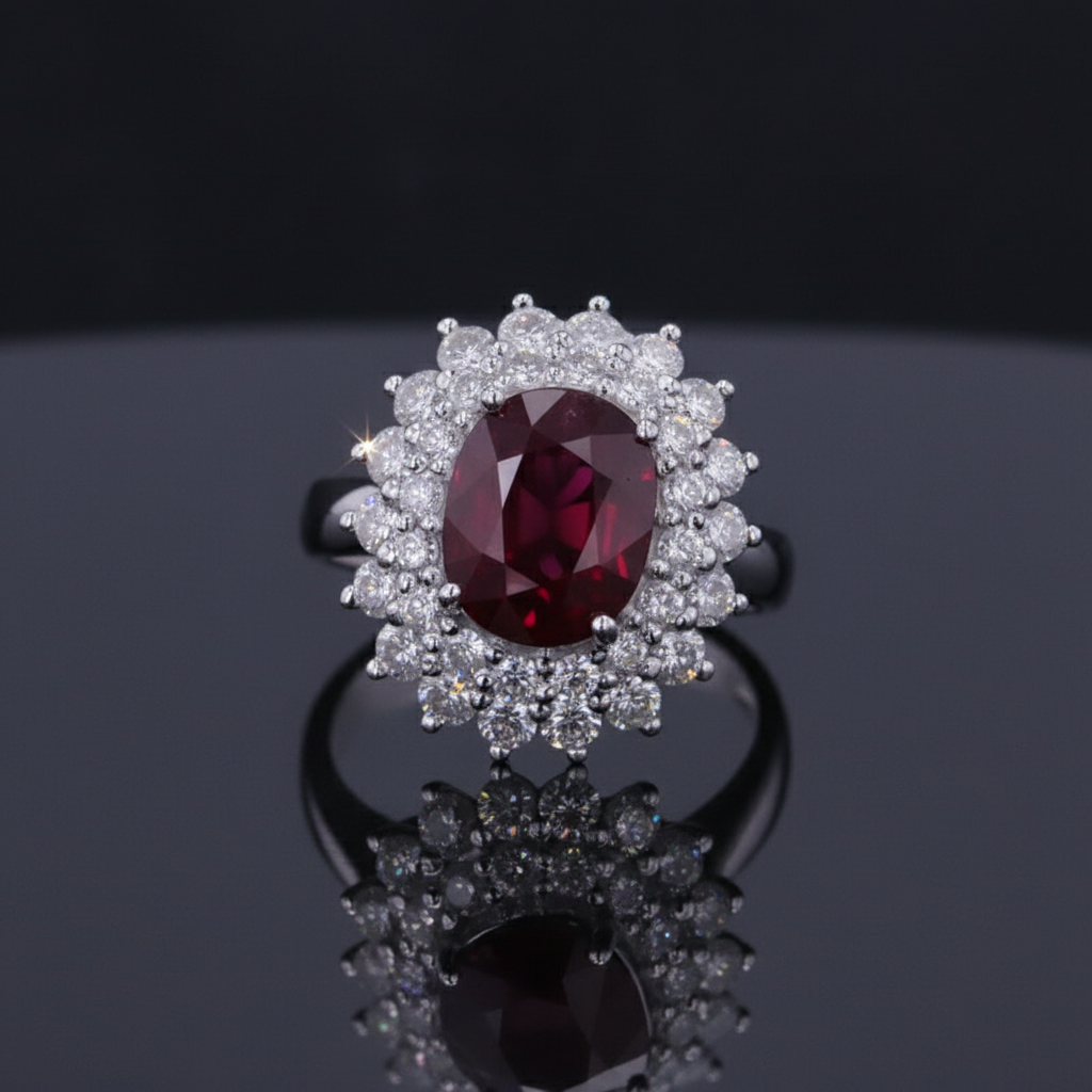 Pigeon Blood Ruby & Diamond Halo Ring – 3.57ct Ruby, 18K White Gold -  Mara & Co UK