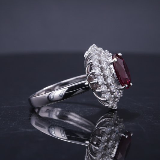 Pigeon Blood Ruby & Diamond Halo Ring – 3.57ct Ruby, 18K White Gold