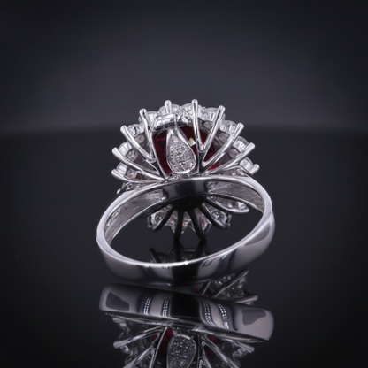Pigeon Blood Ruby & Diamond Halo Ring – 3.57ct Ruby, 18K White Gold -  Mara & Co UK