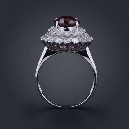 Pigeon Blood Ruby & Diamond Halo Ring – 3.57ct Ruby, 18K White Gold -  Mara & Co UK