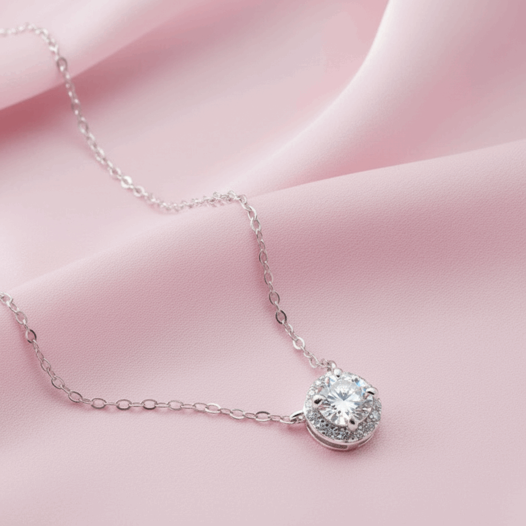 Diamond Halo Pendant Necklace - Sterling Silver -  Mara & Co UK