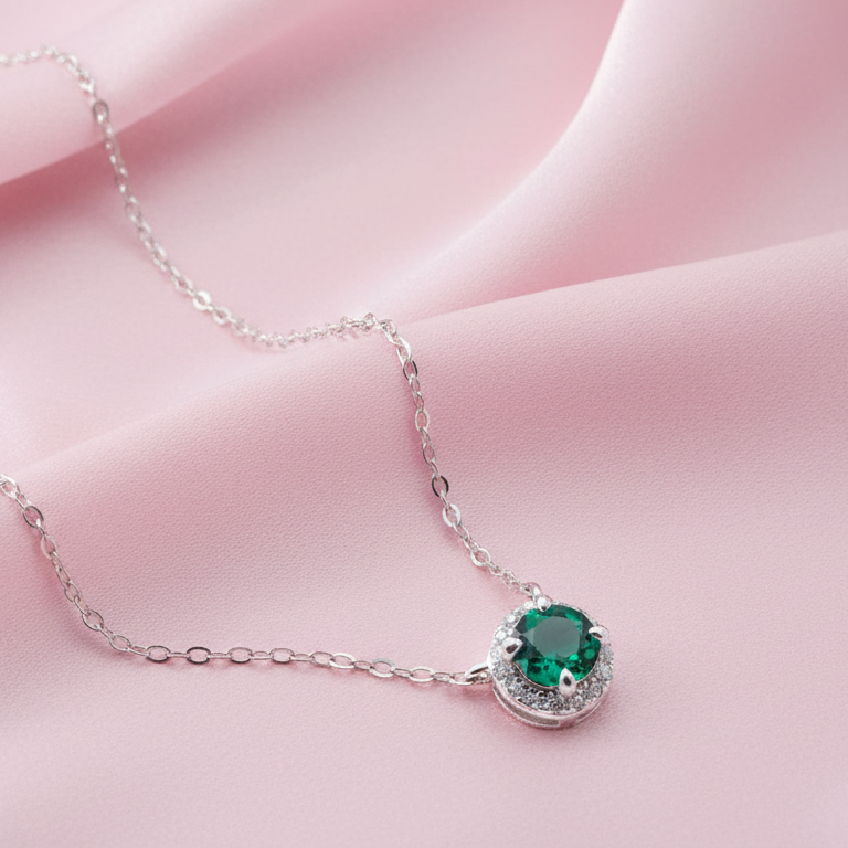 Emerald Halo Pendant Necklace - Sterling Silver