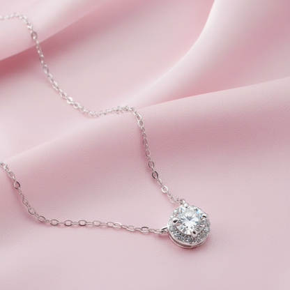 Diamond Halo Pendant Necklace - Sterling Silver -  Mara & Co UK