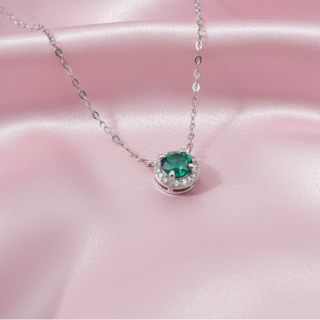 Emerald Halo Pendant Necklace - Sterling Silver