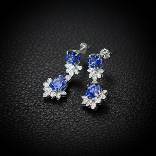 Royal Blue Lab Sapphire & Moissanite Drop Earrings – Sterling Silver