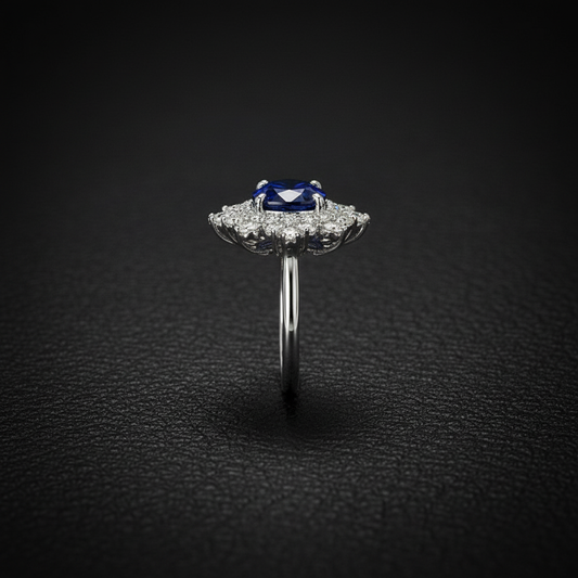 Royal Blue Lab Sapphire & Moissanite Halo Ring – Sterling Silver