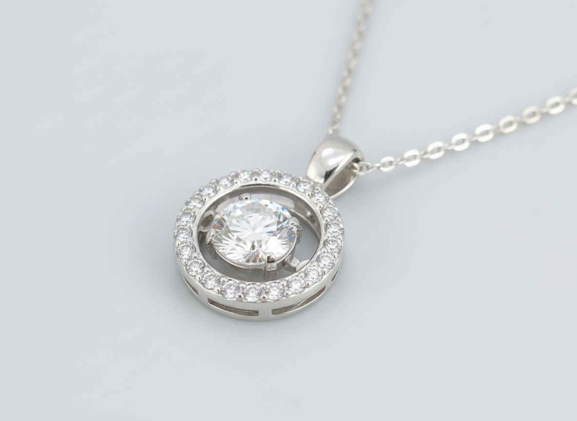 Dancing Moissanite Halo Pendant Necklace – 1.0ct GH Moissanite & CZ, Sterling Silver
