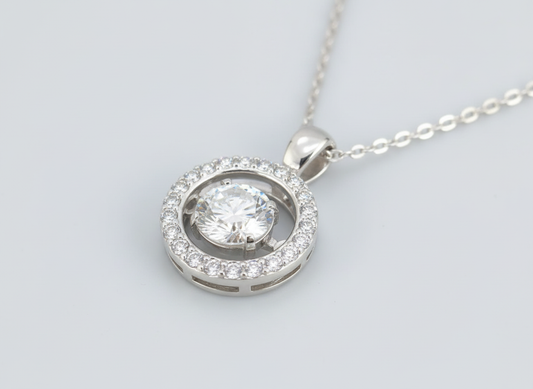 Dancing Moissanite Halo Pendant Necklace – 1.0ct GH Moissanite & CZ, Sterling Silver