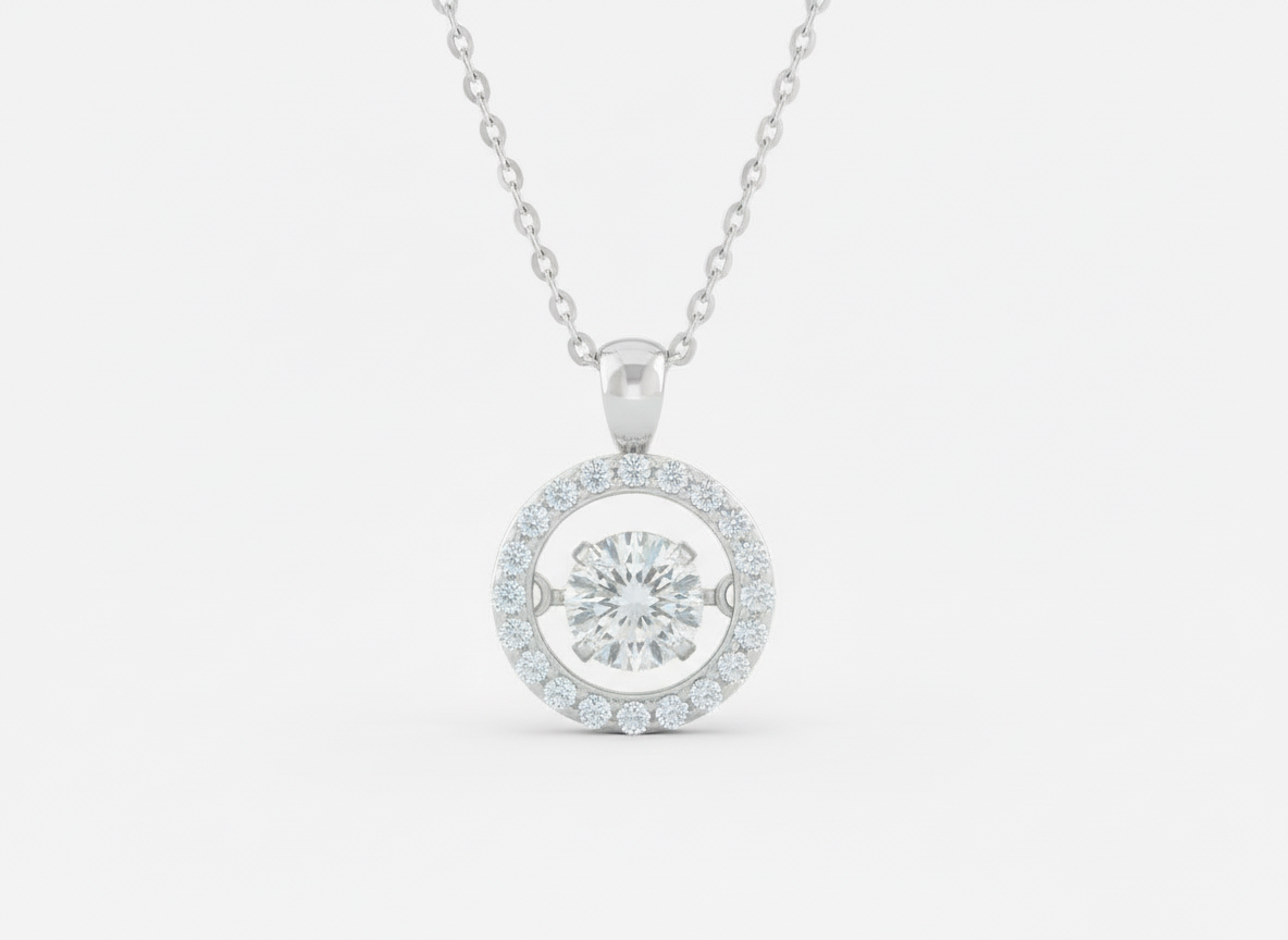 Dancing Moissanite Halo Pendant Necklace – 1.0ct GH Moissanite & CZ, Sterling Silver