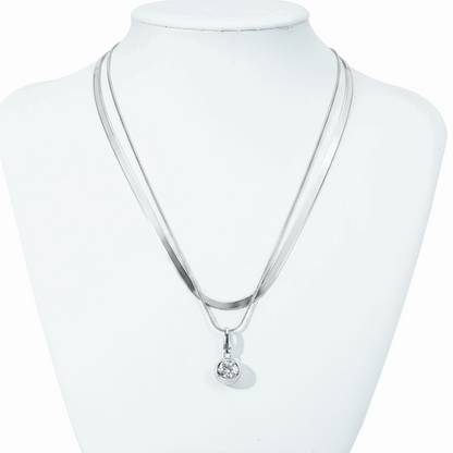 Dual-Layer Chain Moissanite Pendant Necklace – Flat Snake + Twisted Rope Chain