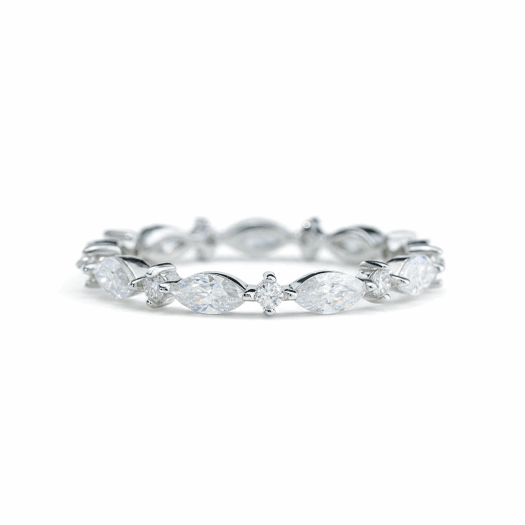 Alternating Marquise Moissanite Band – 1.98ct Total, DEF, White Gold Plated 925 Silver