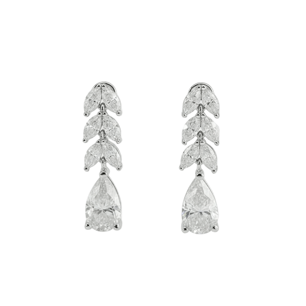 Pear Moissanite Drop Earrings with Marquise Leaf Detail – 3.2ct Total, DEF, White Gold Plated 925 Silver