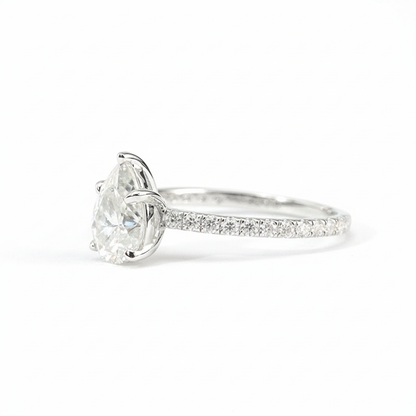 1.5ct Pear Moissanite Ring – DEF, Pavé Band, White Gold Plated 925 Silver