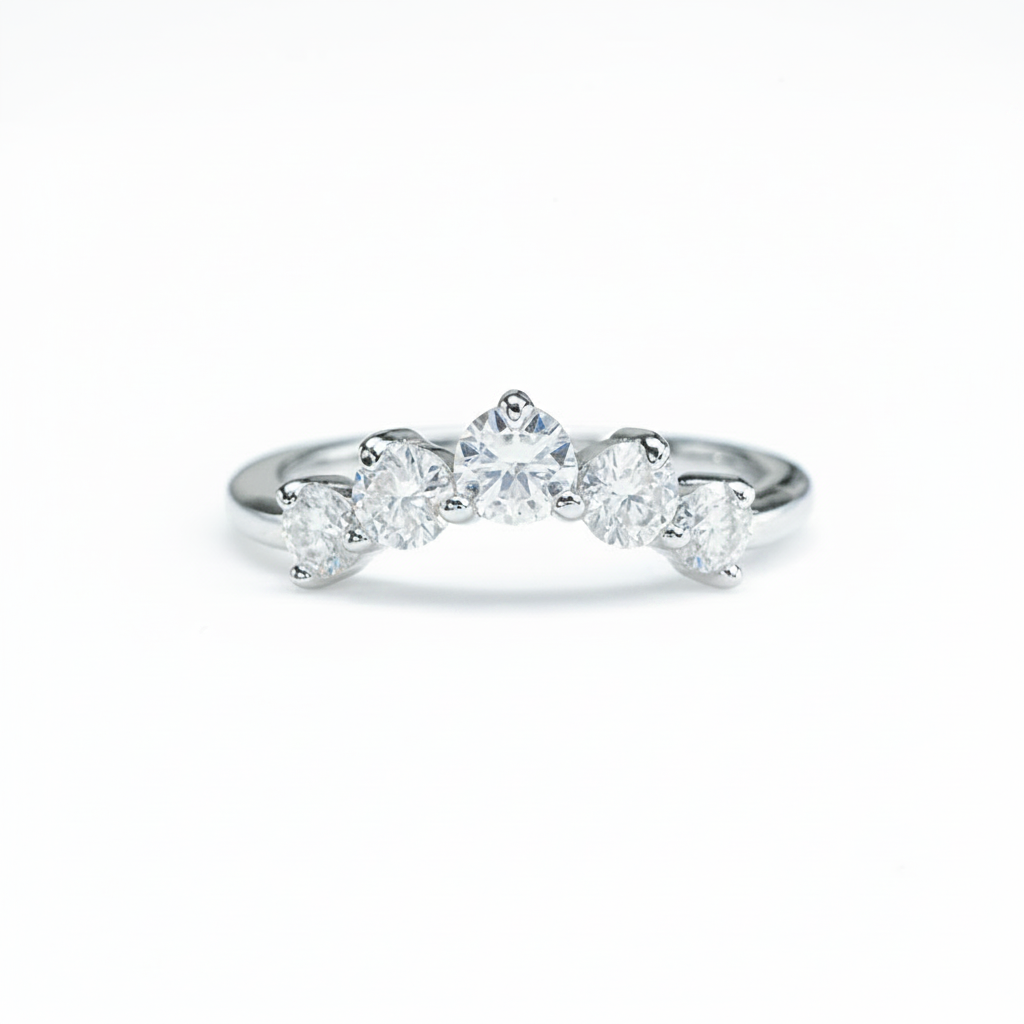 Crescent Five-Stone Moissanite Band – 0.90ct Total, DEF, White Gold Plated 925 Silver