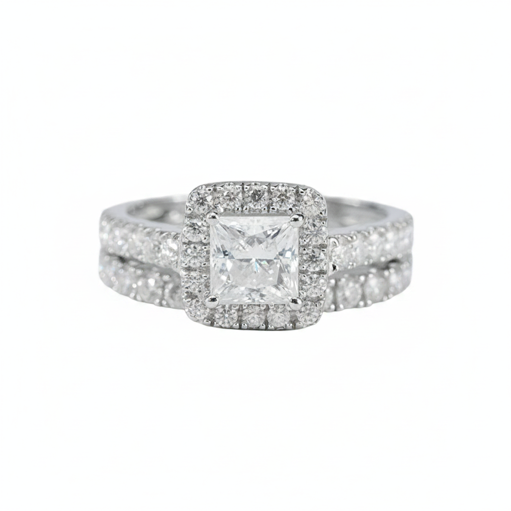 0.80ct Square Cut Bridal Ring Set – Pavé Halo & Matching Band
