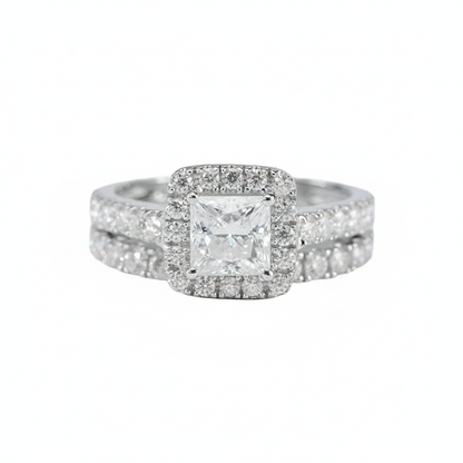 0.80ct Square Cut Bridal Ring Set – Pavé Halo & Matching Band