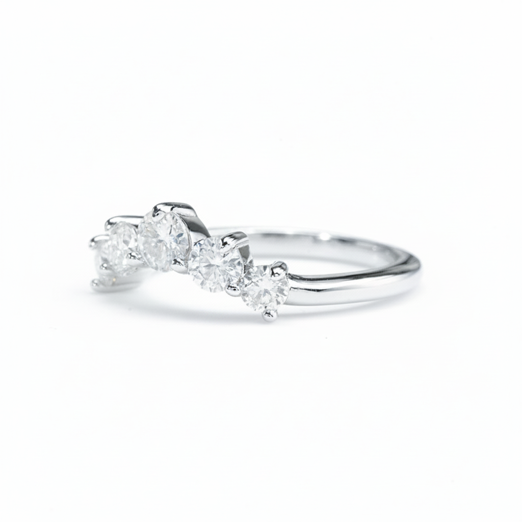 Crescent Five-Stone Moissanite Band – 0.90ct Total, DEF, White Gold Plated 925 Silver