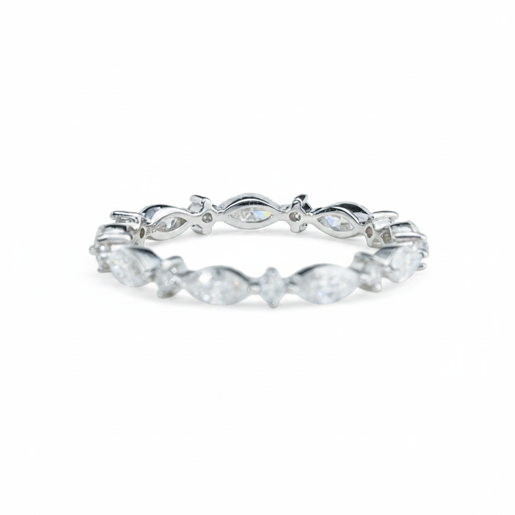 Alternating Marquise Moissanite Band – 1.98ct Total, DEF, White Gold Plated 925 Silver