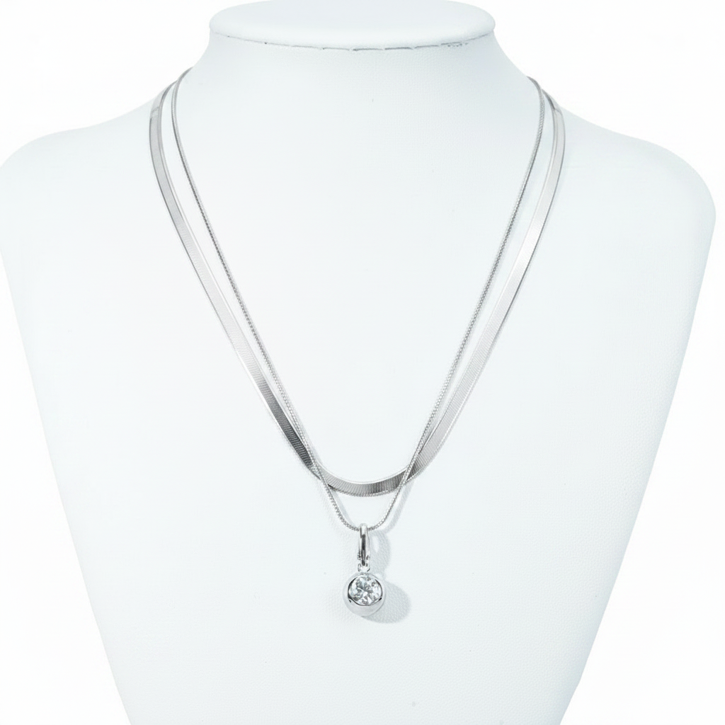 Dual-Layer Chain Moissanite Pendant Necklace – Flat Snake + Twisted Rope Chain