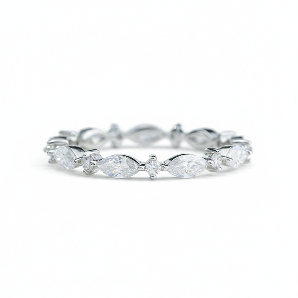 Alternating Marquise Moissanite Band – 1.98ct Total, DEF, White Gold Plated 925 Silver