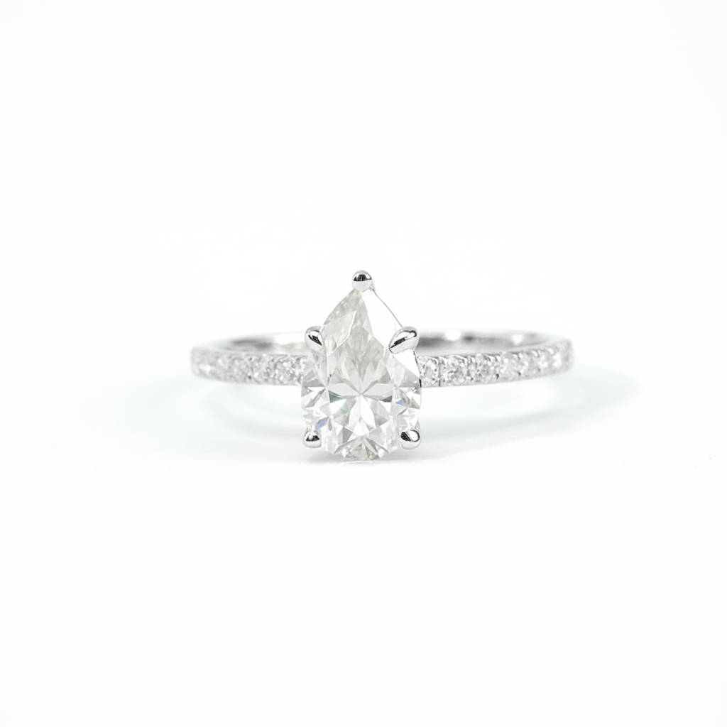 1.5ct Pear Moissanite Ring – DEF, Pavé Band, White Gold Plated 925 Silver