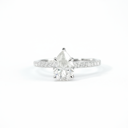 1.5ct Pear Moissanite Ring – DEF, Pavé Band, White Gold Plated 925 Silver