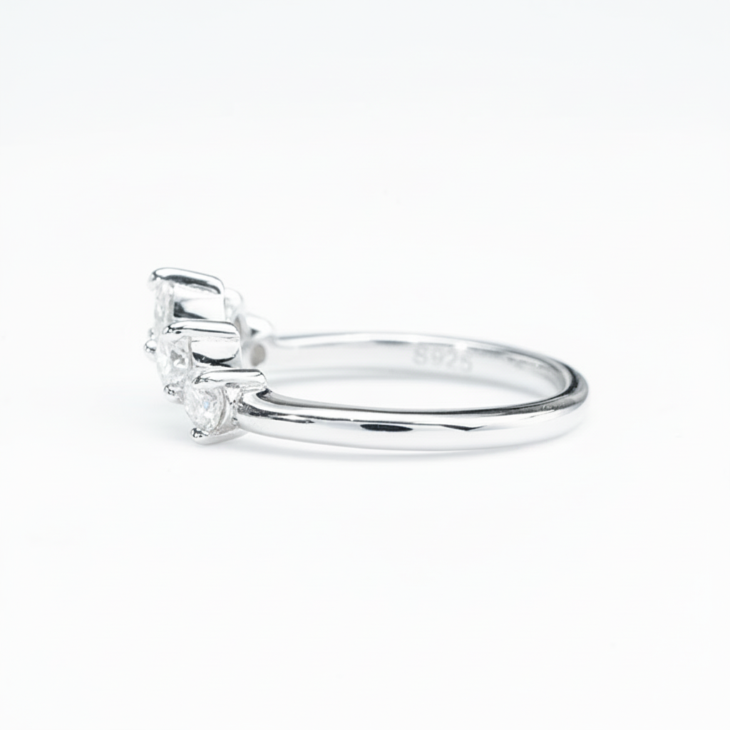 Crescent Five-Stone Moissanite Band – 0.90ct Total, DEF, White Gold Plated 925 Silver