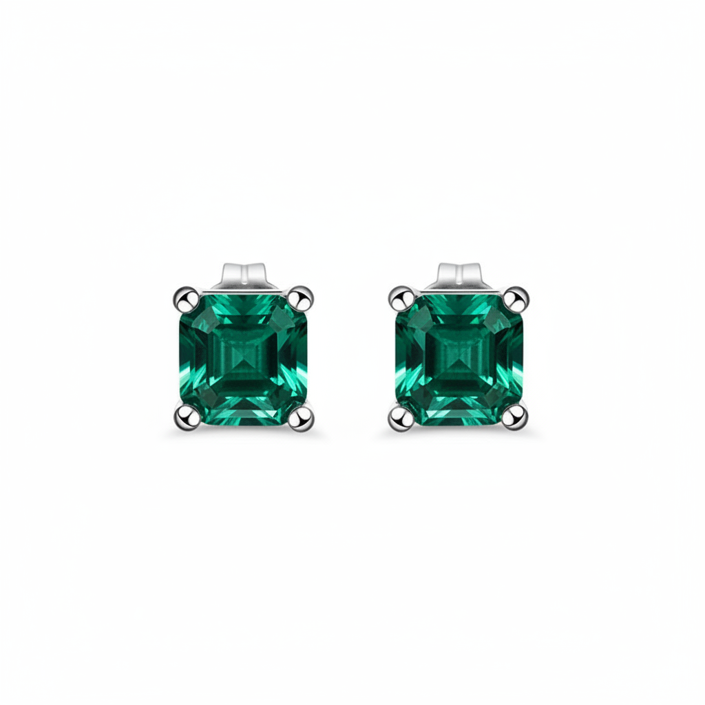 Asscher Cut Zambia Lab Emerald Stud Earrings – 3.0ct Total