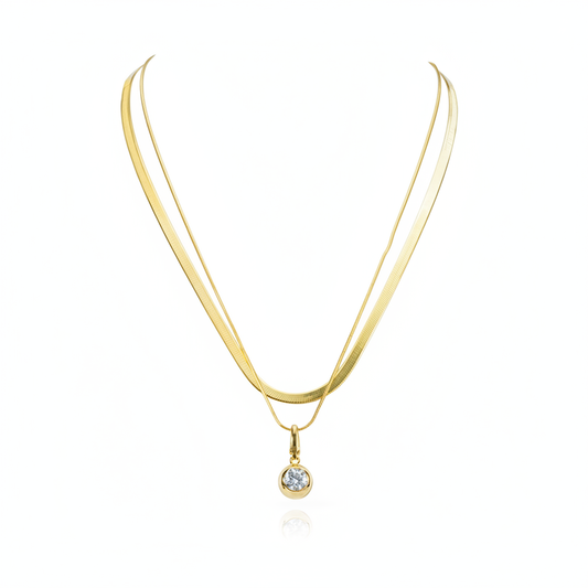 Dual-Layer Chain Moissanite Pendant Necklace – Flat Snake + Twisted Rope Chain