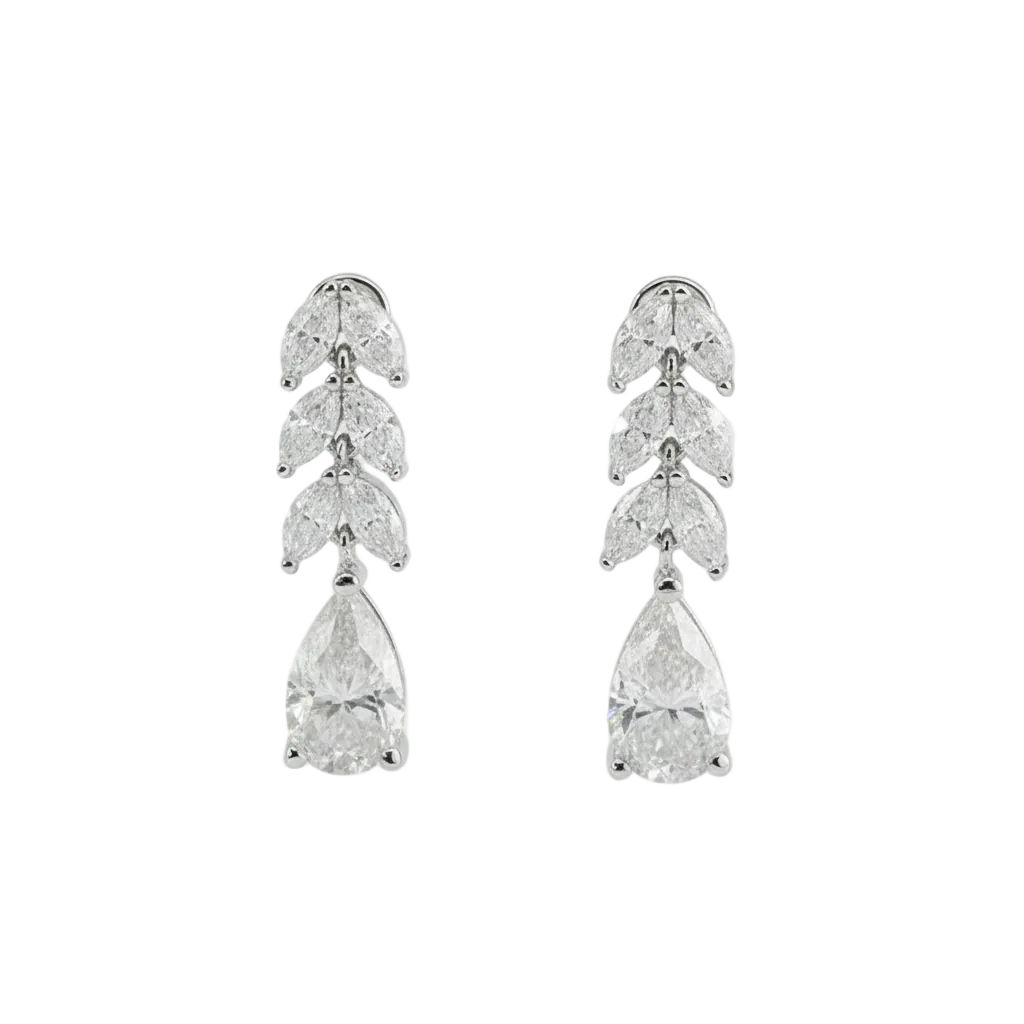 Pear Moissanite Drop Earrings with Marquise Leaf Detail – 3.2ct Total, DEF, White Gold Plated 925 Silver