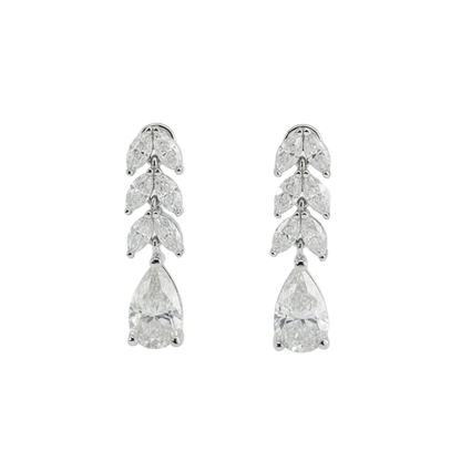 Pear Moissanite Drop Earrings with Marquise Leaf Detail – 3.2ct Total, DEF, White Gold Plated 925 Silver