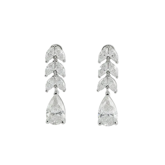 Pear Moissanite Drop Earrings with Marquise Leaf Detail – 3.2ct Total, DEF, White Gold Plated 925 Silver