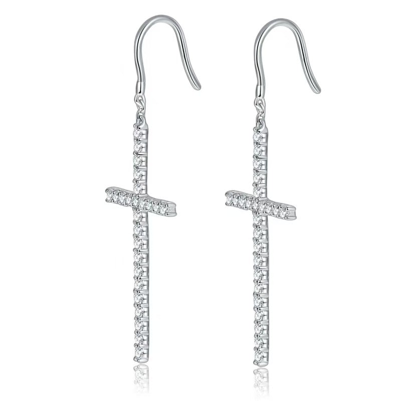 Moissanite Cross Drop Earrings – 1.25ct Total DEF, Sterling Silver