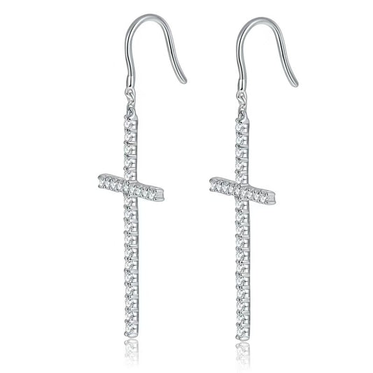 Moissanite Cross Drop Earrings – 1.25ct Total DEF, Sterling Silver