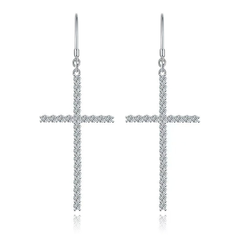 Moissanite Cross Drop Earrings – 1.25ct Total DEF, Sterling Silver