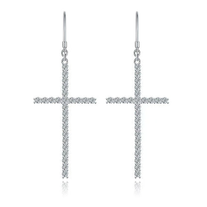 Moissanite Cross Drop Earrings – 1.25ct Total DEF, Sterling Silver